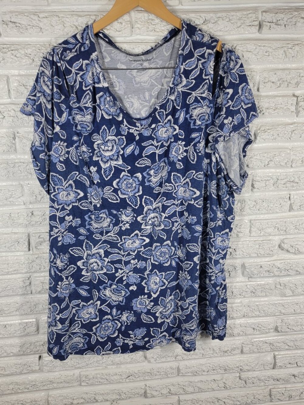 Woman Within Floral Cold Shoulder Tee 3X Blue White Short Sleeve Plus FLO144E